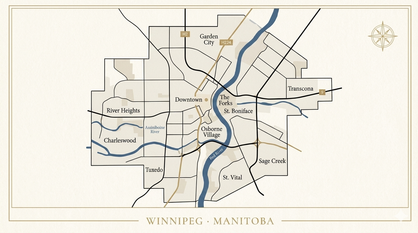 Map of Winnipeg, Manitoba showing major neighbourhoods including Downtown, The Forks, St. Boniface, Osborne Village, Tuxedo, River Heights, Transcona, Charleswood, St. Vital, and Sage Creek